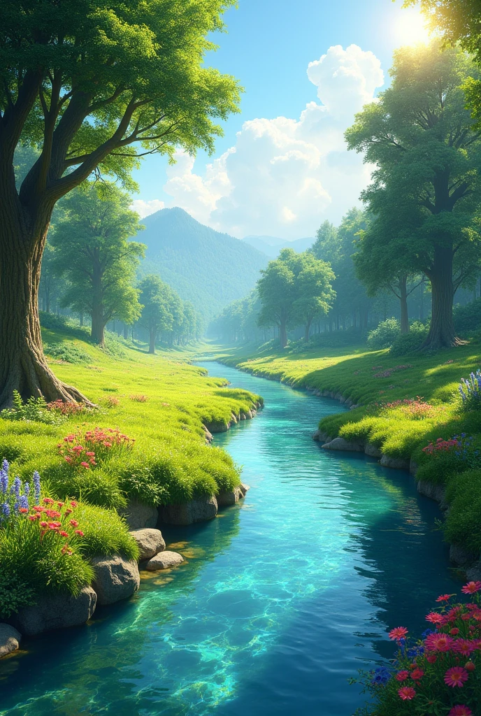 Create a stunning nature scene featuring a lush, vibrant landscape with a flowing river. The river should be clear and sparkling, winding through rich, green meadows and dense, verdant forests. Include tall, majestic trees with thick canopies, and a few colorful wildflowers scattered throughout the greenery. The sky should be bright and clear, with the sun shining gently to enhance the natural beauty of the scene.”