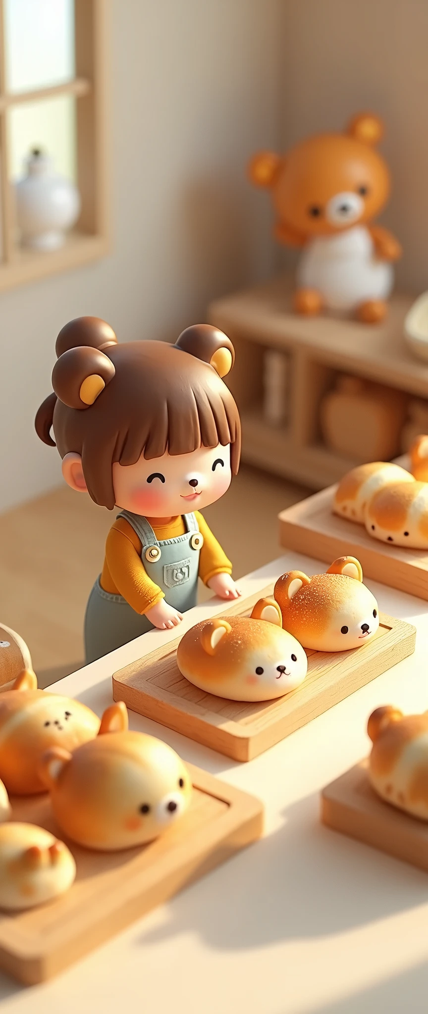 (masterpiece:1.2, Highest quality,Ultra-high resolution,Super detailed),8k,(wallpaper),(Photorealistic:2.0),(RAW Photos:2.0),(Plastic Models:2.0),(Cute chibi woman working in a bakery:2.0),(The bakery has々A square arrangement of bread featuring small calico cat characters with relaxed expressions in the style of Rilakkuma.,Bakery Shop,Very simple design),(Isometric 3D diorama),Matte Paint
