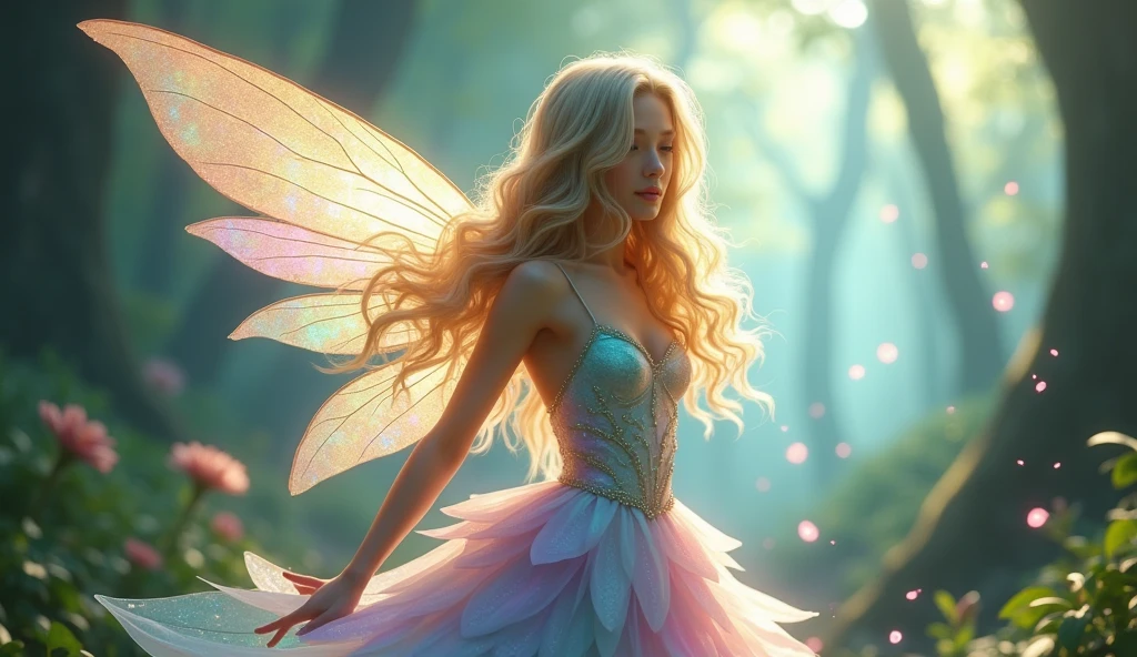 a delicate fairy with iridescent wings that shimmer in various shades of pastel, including soft pink, light blue, and mint green. She has flowing, golden-blonde hair with hints of silver that catches the light like sunlight filtering through leaves, cascading gently over her shoulders. Liora is wearing a dress made entirely of soft flower petals in hues of pale pink, lavender, and turquoise, which flutter gracefully with her movements. Her wings should be intricately detailed, reflecting a spectrum of colors as they catch the light. The background should be a lush, mystical forest with softly glowing flora, enhancing the magical atmosphere. Liora’s expression should be serene and whimsical, embodying the spirit of wonder and enchantment.