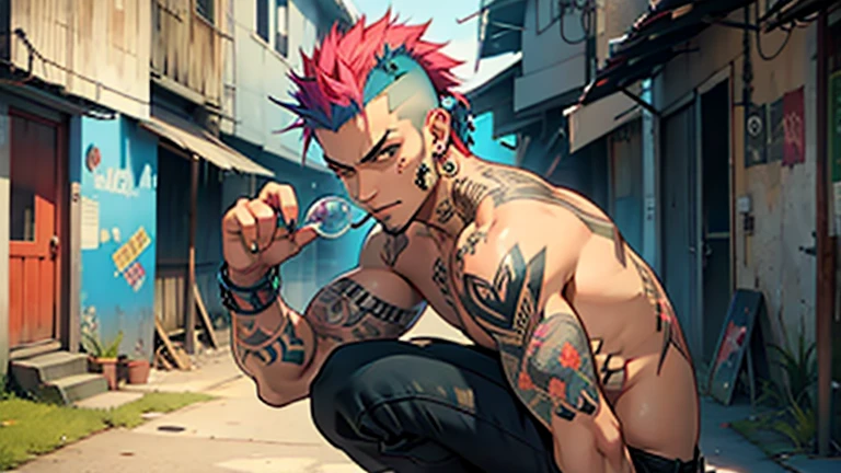 Wall art on the background wall, Summer Day in the slums with a punk vibe,
BREAK
Tattoos all over his body, piercings everywhere, a husband with a Mohawk, tongue hanging out, crouching with a crazy look on his face. He carries a bat with nails driven into it on his shoulder.
BREAK
A wife with rainbow twin-tails, wide-eyed, holding a whip in one hand and blowing bubbles with chewing gum stands nearby.
BREAK
Wife also has tattoos all over her body, piercings here and there