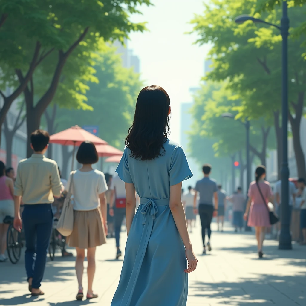 "A young Korean woman with mid-length hair, seen from behind and standing at a distance on a busy sidewalk lined with trees on both sides. She is wearing a modest, blue dress with no exposure, exuding beauty and elegance. The scene captures the lively and bustling atmosphere of the area, with her calm presence amidst the activity."