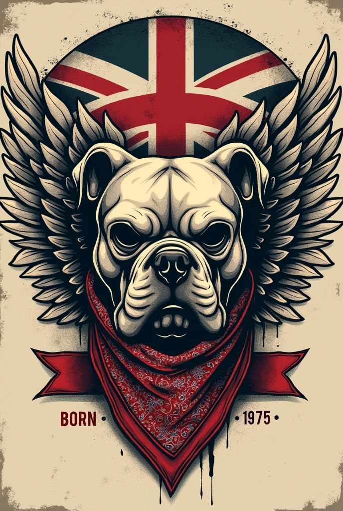 "Design an intricate tattoocore t-shirt logo with a bold, vintage, and rugged look. At the centre, place a detailed skull, of an angry British bulldog The skull's jawline is obscured by a tattered bandana, adorned with a small, intricate paisley pattern, giving it a rebellious, outlaw aesthetic.
Behind the skull, are evil angel wings. ntricately framed in a distressed vintage style british flag starburst frame
Above the skull, add a slightly curved, weathered banner with frayed edges that reads 'BORN' in bold, capital letters, distressed to appear worn and rugged. Below the skull, mirror this with another banner, slightly curved upward, displaying the word '1975' in the same style.
The overall composition should have a grunge texture, with cracked lines, faded areas, and uneven inking to convey a sense of age and wear. The design should feel like a classic biker emblem, with a hand-drawn, vintage tattoo art style, and subtle shadowing to add depth, making it stand out with a timeless, rebellious attitude."