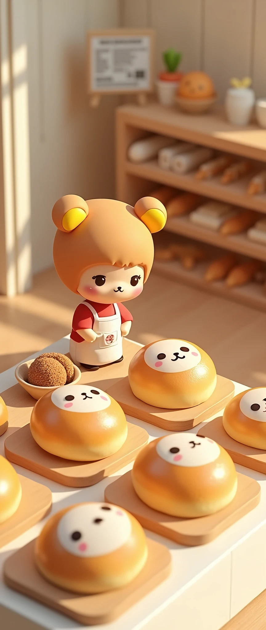 (masterpiece:1.2, Highest quality,Ultra-high resolution,Super detailed),8k,(wallpaper),(Photorealistic:2.0),(RAW Photos:2.0),(Plastic Models:2.0),(Cute chibi woman working in a bakery:2.0),(The bakery has々A square arrangement of bread featuring small calico cat characters with relaxed expressions in the style of Rilakkuma.,Bakery Shop,Very simple design),(Isometric 3D diorama),Matte Paint