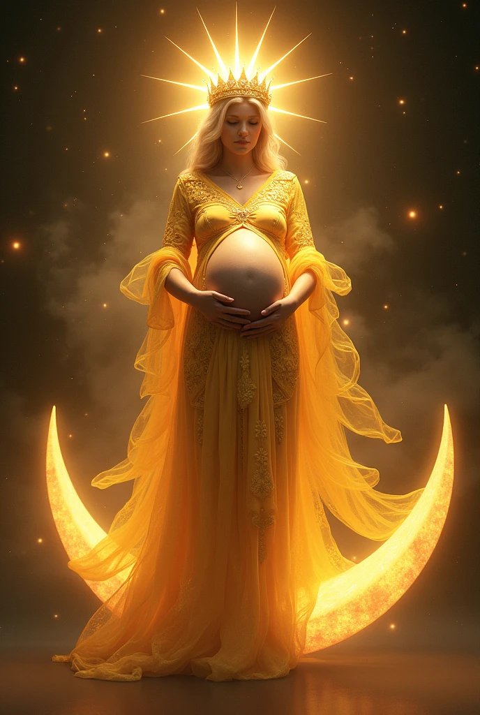 A simple drawing of a pregnant woman dressed as if the sun were her clothes, with a crown with 12 stars and having the moon under her feet 