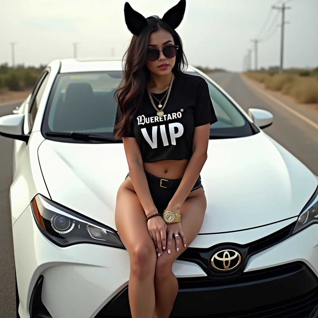 Latin woman, 18 years, huge breasts, athletic body, Athletic legs, black lingerie, fox ears, Black t-shirt cut to the navel with the legend: Queretaro VIP", Sunglasses, black Adidas tennis shoes, gold watch on the wrist, gold chain with on the neck, sitting on the hood of a white 2016 Toyota Corolla, on a deserted road