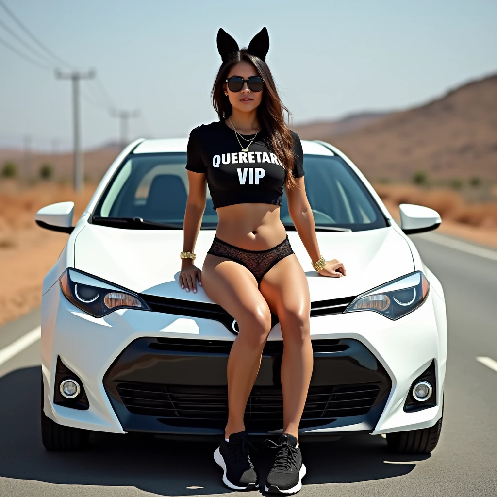 Latin woman, 18 years, huge breasts, athletic body, Athletic legs, black lingerie, fox ears, Black t-shirt cut to the navel with the legend: Queretaro VIP", Sunglasses, black Adidas tennis shoes, gold watch on the wrist, gold chain with on the neck, sitting on the hood of a white 2016 Toyota Corolla, on a deserted road