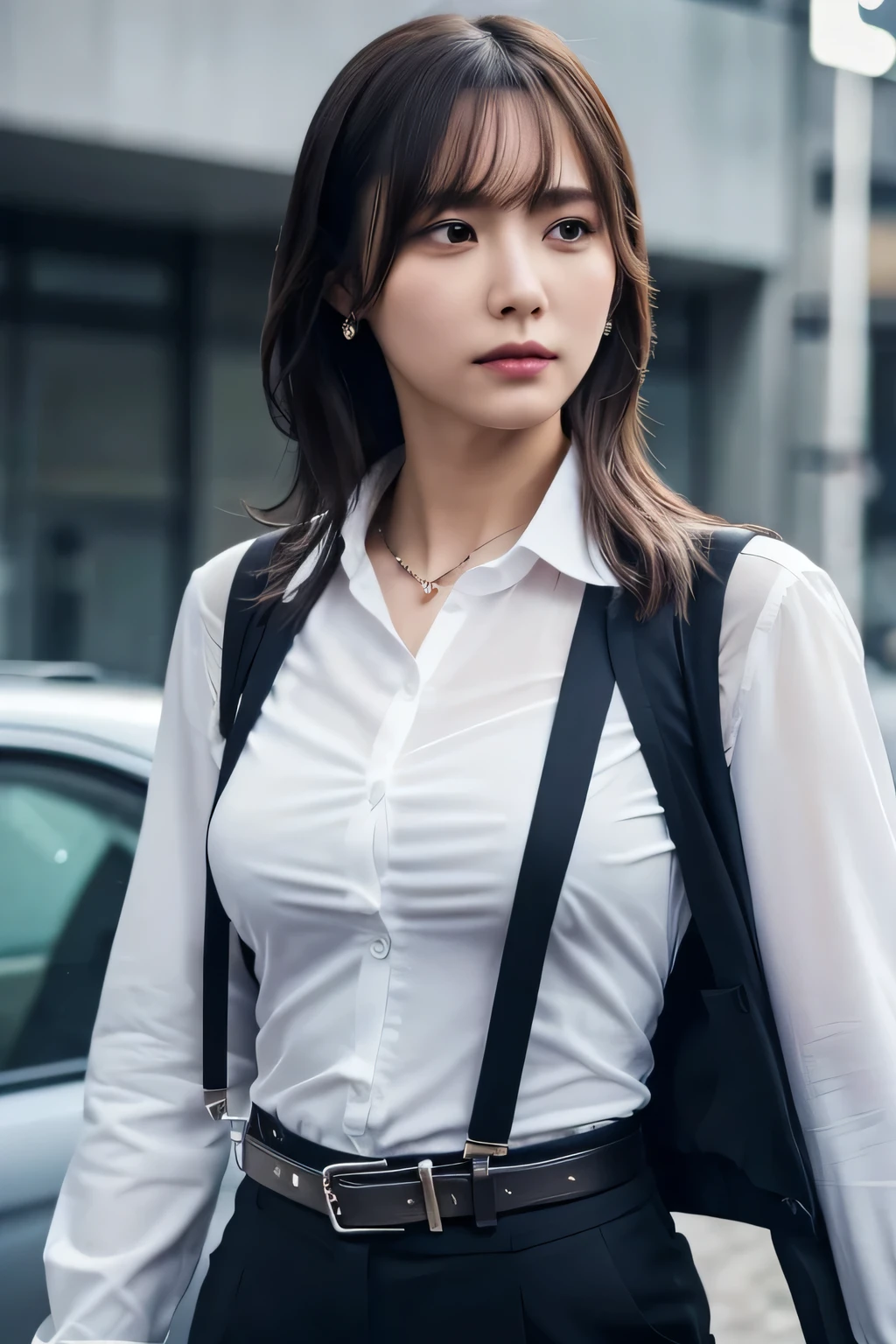 a woman in a suit, belt, hands behind back, sweating, suspenders, black pants, sexly, large breasts, see-through clothing, rain, detective, office worker, white button-up shirt, (best quality,4K,8k,highres,masterpiece:1.2),ultra-detailed,(realistic,photorealistic,photo-realistic:1.37),hyper-detailed,highly detailed face and body, Slender thin suspenders Moderate breasts See-through shirt Nipples holster chain Pistol Armament criminal Female criminal knife