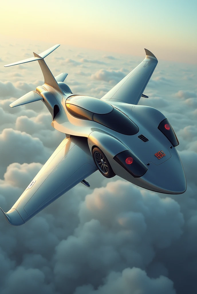 Car with wings flying over a plane 