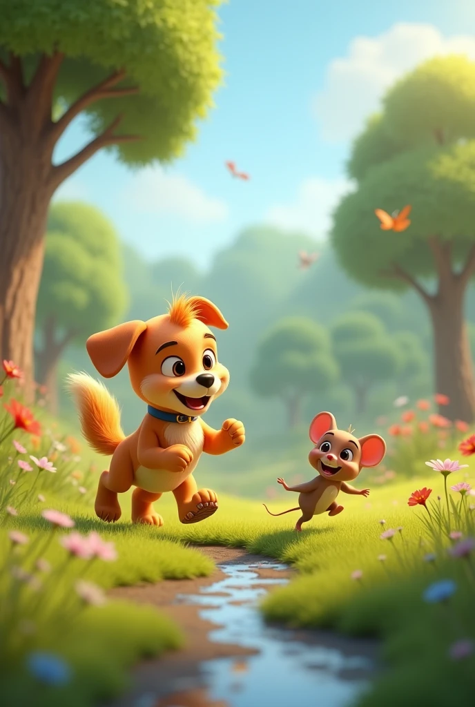 in 3D animation style "Image prompt: Timmy the dog and Monu the baby mouse playing together happily