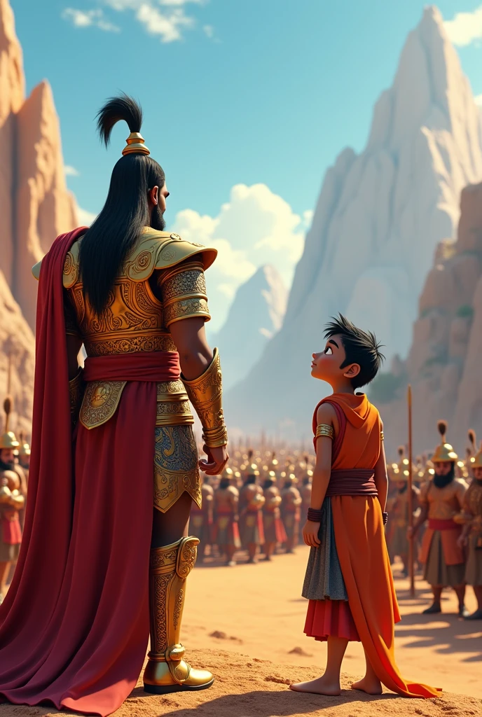 Generate in cinemetic 3d cartoon**Dronacharya's Observation:** "Duryodhana, in regal armor, standing alongside Dronacharya, who is observing the Pandava army. The army is shown in an impressive formation, with various elite warriors visible. The scene captures the sense of urgency and strategic importance."