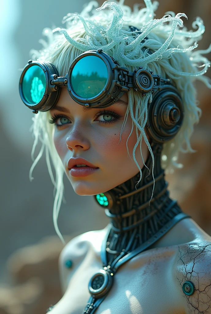 Ethereal Cyborg Woman, bioluminescent jellyfish tiara. Steampunk goggles merge with translucent tentacles. Cracked porcelain skin meets iridescent scales. Mechanical implants and delicate tendrils intertwine. Human characteristics with an otherworldly glow. Dreamy aquatic tones contrast with aged metal. Reflective eyes capture invisible worlds. Gentle bioluminescence meets a harsh desert landscape. Fusion of organic and synthetic, ancient and futuristic. Hyper-detailed textures, surreal atmosphere.
