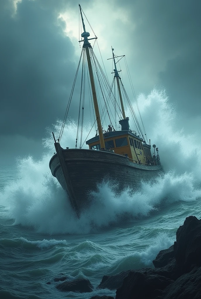 (barco cangrejero, crab boat, stormy sea, rough waves, raging storm, dramatic seascape, dramatic lighting, cold color tones, moody atmosphere, cinematic, (best quality,4k,8k,highres,masterpiece:1.2),ultra-detailed,(realistic,photorealistic,photo-realistic:1.37),dramatic lighting,cinematic composition,dramatic color palette,epic scale,powerful waves,turbulent waters,gloomy sky,ominous clouds)