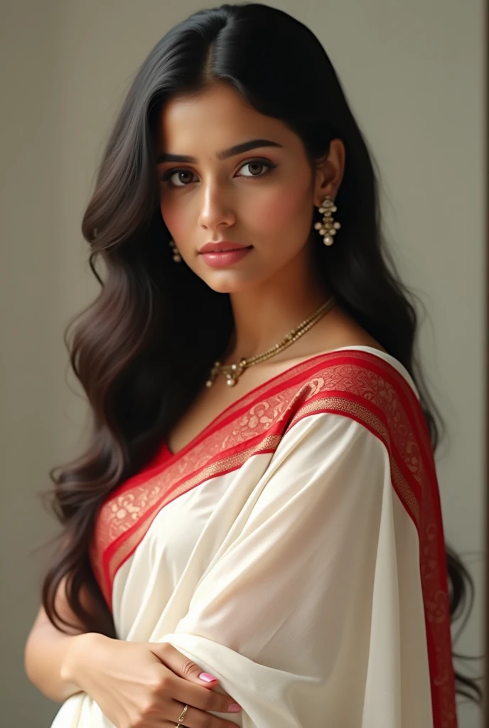 Indian beautiful girl wearing red border white saree with sexy lust