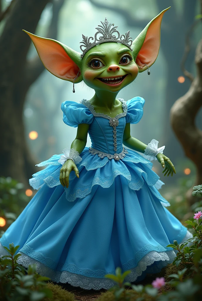 A 1 goblin dressed as Cinderella. The goblin has green skin, sharp teeth, and large, pointed ears. The Cinderella dress is bright blue with elegant details, including a flowing gown, delicate white gloves, and a sparkling tiara. The goblin's expression is mischievous yet proud, as if it's fully embracing the fairytale attire. The background features a fantasy forest with twisted trees and soft, glowing lights, adding a magical and whimsical atmosphere to the scene.