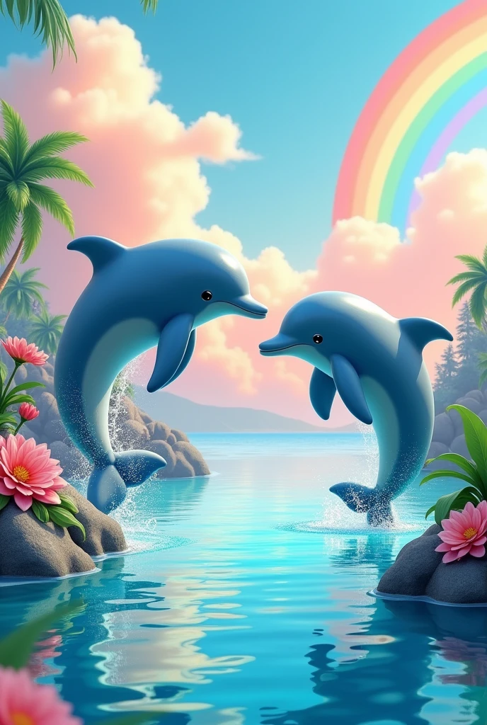 Dolphins swimming from water with colourful aesthetic cute glossy beautiful indie preppy background with a rainbow
