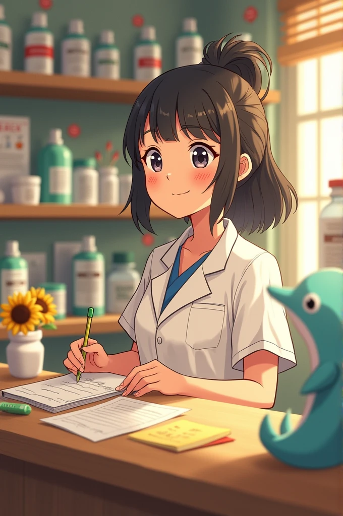 Girl ghibli pharmacist cute with  pony tail and a sunflower pen and dolphin pen