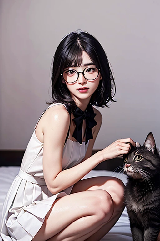 girl**Wear black round glasses**
White dress, pleated skirt, black hair, brown eyes, small waist, night time, beautiful composition, taken by professional photographer, shy, thin eyebrows, not too dark, small nose, a few freckles on the face, big eyes, pink lips, pink cheeks, thighs visible, whole body visible, she is sitting and stroking the head of a kitten, eyes looking at the kitten, smiling, medium chest.