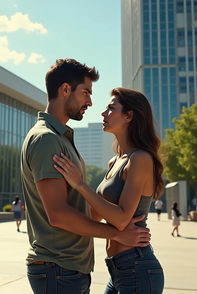 On a sunny afternoon in front of a modern building a man hugs a woman and the man looks scared at another woman who is in front looking at the man.