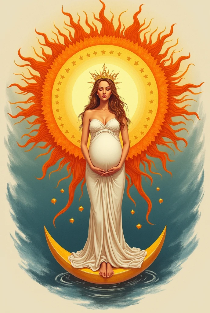 A simpler drawing of a pregnant woman dressed as if the sun were her clothes, with a crown with 12 stars and having the moon under her feet