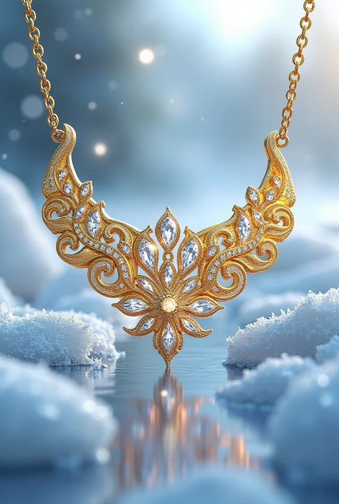 A Gold within it small pieces of Diamonds, Nicklace. But a ice background 