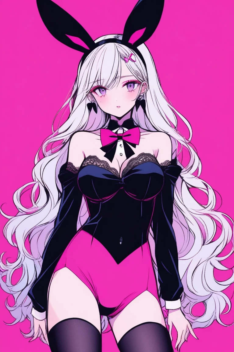 Illustrator, anime , Realistic ,sketch , 1 person, model, Age 25, lip, Sexy skimpy lace Playboy bunny,Bunny ears, black Bunny ears, fake Bunny ears, pantyhose, black pantyhose,bow tie, Wrist cuff, Black leotard, order, Blue and pink gradient background, Neon Long Hair, Big Breasts, Her cleavage is visible, look back, Upper Body, Sexy look, Texture Trim, Russia, (masterpiece,Highest quality)