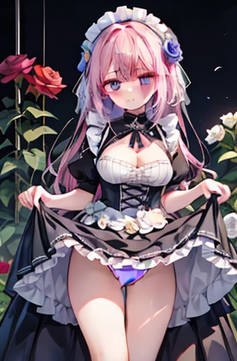 (((Highest quality))), ((Very detailed)), ((figure)), ((Disheveled Hair)), ((Frills)), (1 girl), (alone),
evaluation:Safety，
maid，
Black Dress，
maid服，
Sling，
Bush，
Teen，
Displaying the viewer，
Lock，
Lifted it himself，
evaluation:Safetyty，
Black Flower，
Black Rose，
Blue Flower，
Blue rose，
Camellia，
Command spells，
dress flower，
Floral decoration，
Tattoos all over the body，
petal，
Pink Flower，
Pink Roses，
Purple Flower，
Purple Rose，
rose petal，
Red spider lily，
Squiggly lines，
Tulips，
vase，
White flower，
White Rose，
Yellow Flower，
Yellow roses，Large Breasts