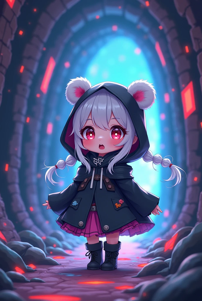 Chibi,cute,간단한 ship경,1 woman, alone, looking for_~to_viewer, open_mouth,, long_Sleeve, jacket, saturated_body, White_pigtails, Boots, Hood, Chibi, Black color_footwear, Black color_jacket, Black color_eye, colo red_skin, Hooded_jacket, Cloak, Abyss_ship, performance, Hood_consolation, White_skin, 곰 White 귀,