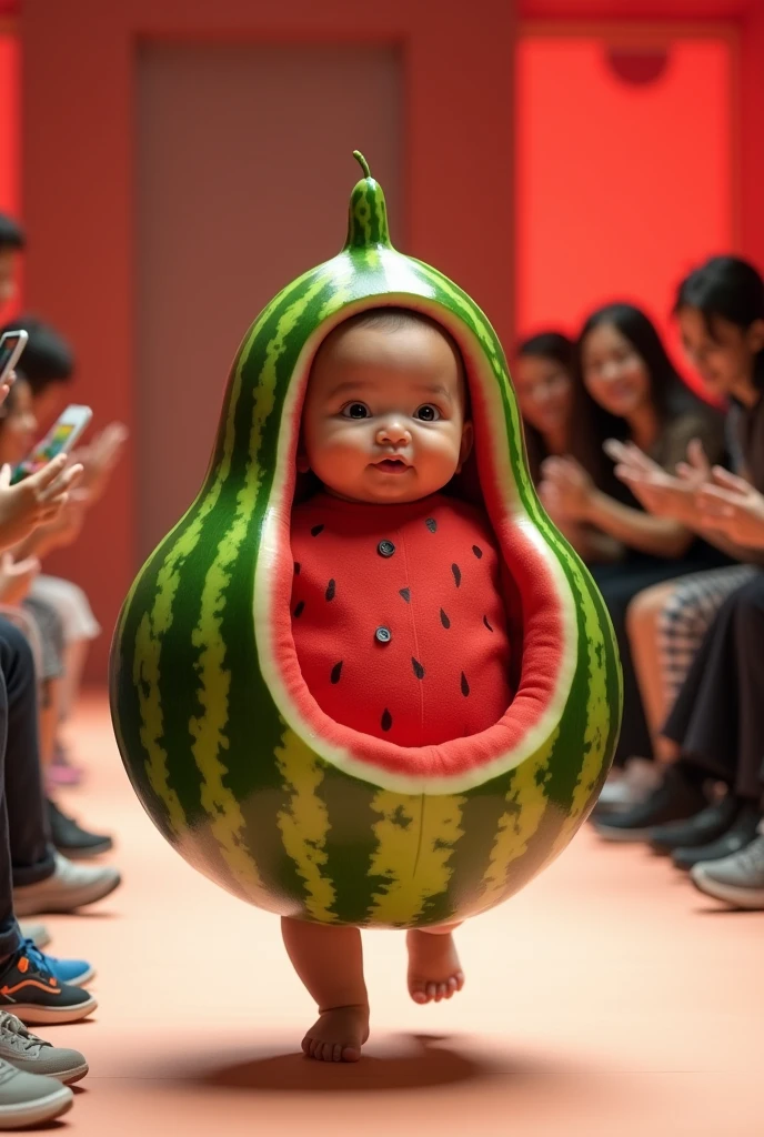 14k, full body, A walking watermeloncostume baby. An audience taking photos and clapping., bright fashion showroom, seated audience, diagonal shot --v 6.1 顔の整った