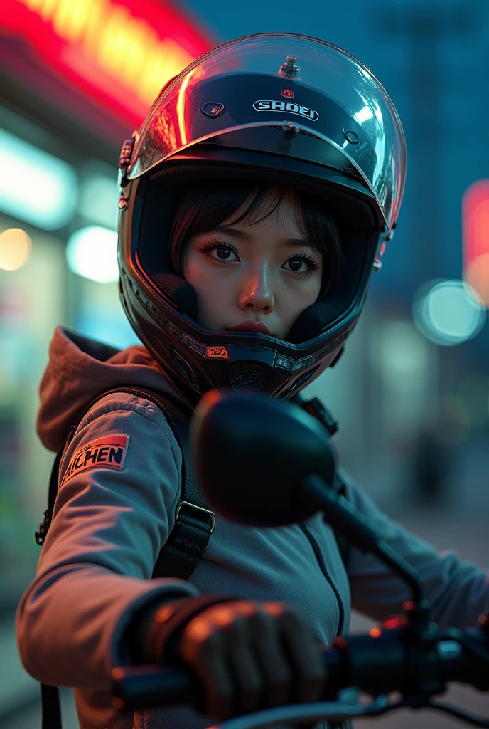 very beautiful Japanese high school girl, about to Ride on a off-road motorcycle, at convenience store at night, dramatic scene, masterpiece, (upper body:1.3), clear helmet visor, beautiful eyes, Shoei helmet, (wearing off-road rider's outfits)