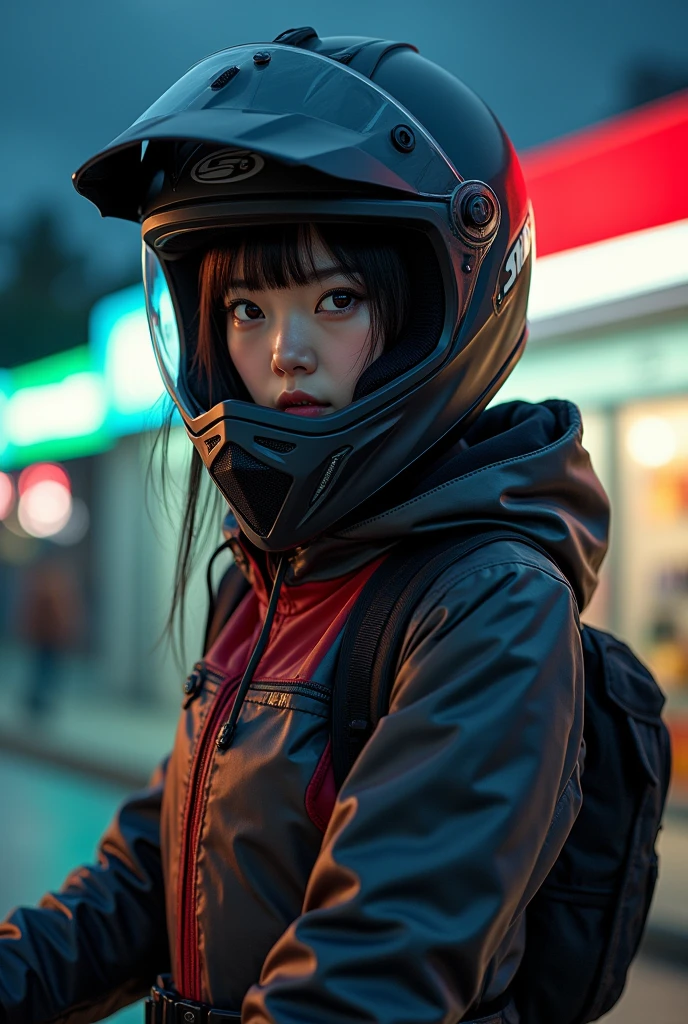 very beautiful Japanese high school girl, about to Ride on a off-road motorcycle, at convenience store at night, dramatic scene, masterpiece, (upper body:1.3), clear helmet visor, beautiful eyes, Shoei helmet, (wearing off-road rider's outfits)