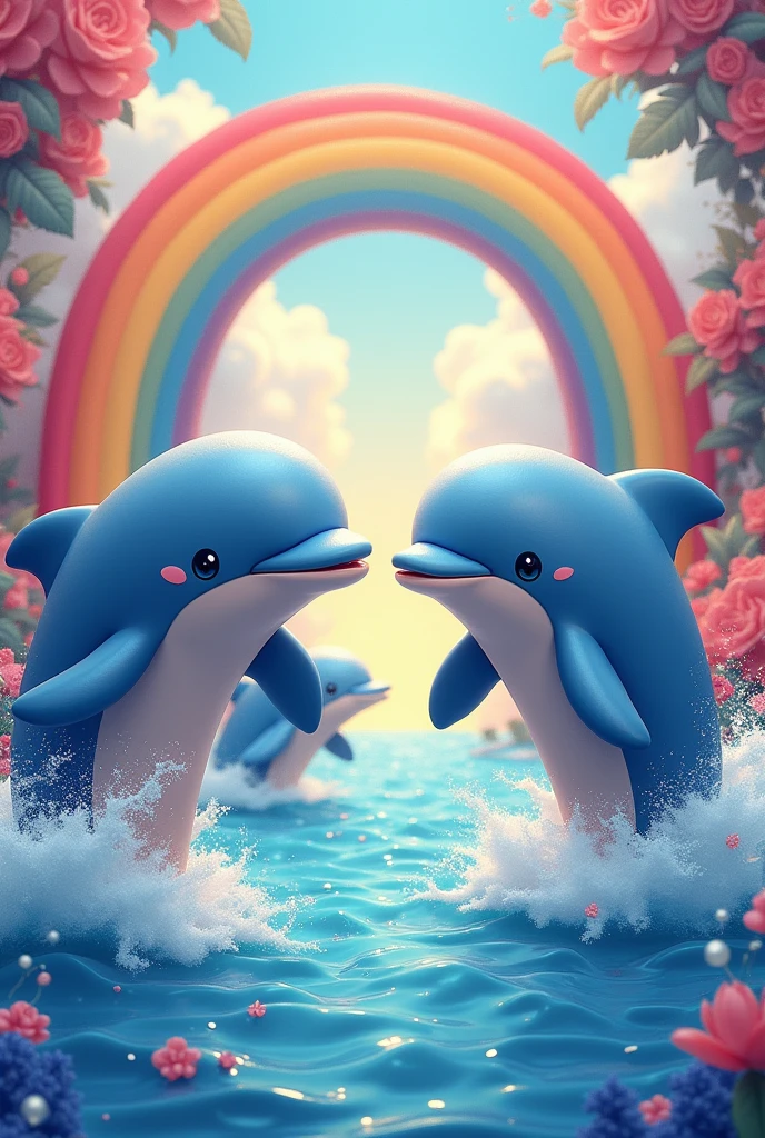 Dolphins swimming from water with very colourful aesthetic cute glossy beautiful indie preppy background with a rainbow