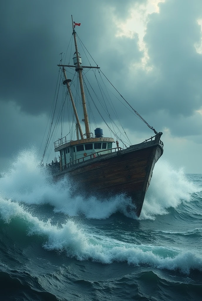 (barco cangrejero, crab boat, stormy sea, rough waves, raging storm, dramatic seascape, dramatic lighting, cold color tones, moody atmosphere, cinematic, (best quality,4k,8k,highres,masterpiece:1.2),ultra-detailed,(realistic,photorealistic,photo-realistic:1.37),dramatic lighting,cinematic composition,dramatic color palette,epic scale,powerful waves,turbulent waters,gloomy sky,ominous clouds)