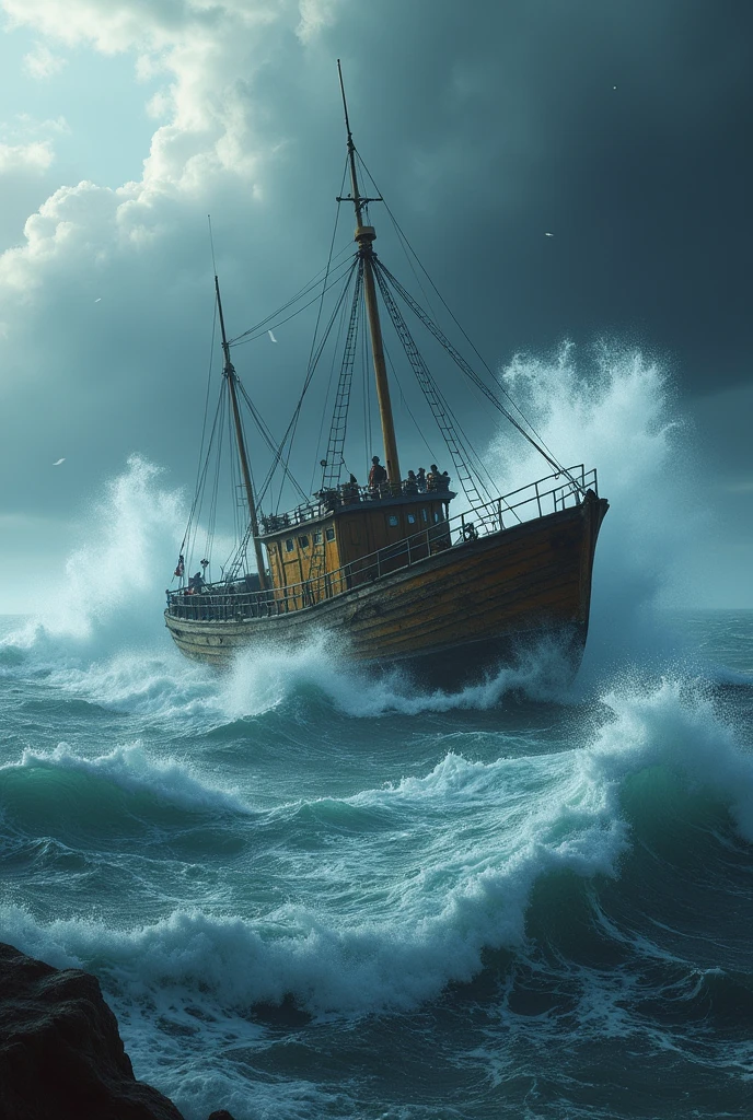 (barco cangrejero, crab boat, stormy sea, rough waves, raging storm, dramatic seascape, dramatic lighting, cold color tones, moody atmosphere, cinematic, (best quality,4k,8k,highres,masterpiece:1.2),ultra-detailed,(realistic,photorealistic,photo-realistic:1.37),dramatic lighting,cinematic composition,dramatic color palette,epic scale,powerful waves,turbulent waters,gloomy sky,ominous clouds)