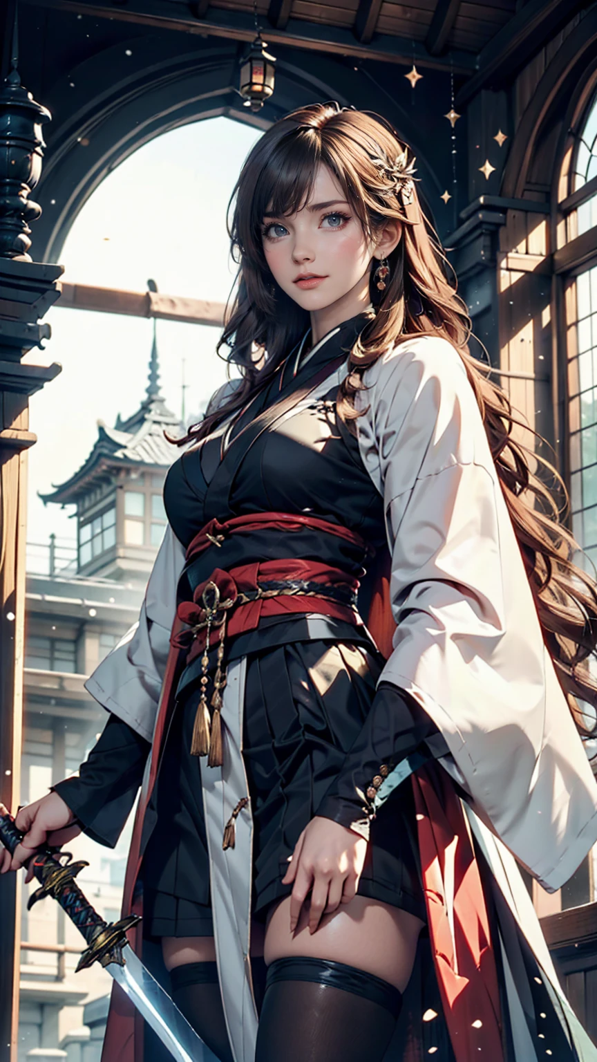 Japanese anime style. woman. middle ages. Europe. Fantasy. skirt. sword. Are standing. whole body. From below.