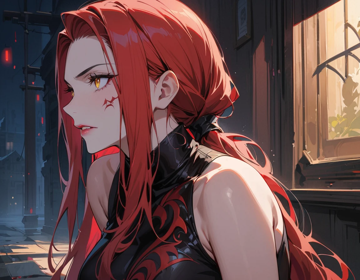 Long red hair, yellow eyes, evil, sexy, black and red clothes, tied hair, cute hairstyle, evil face, evil, serious look, gloss lips, sit, sinister, front look, bloody, gloves, beautiful eyes, short dress, big white, dark place, night, sensual, straigh hair cut, clear skin, evil, young 30 years girl, adult girl, solo, red, very long hair, HAIR DOWN, ANKLE LENGTH HAIR, FIERCE EXPRESSION, villain, handsome older WOMAN,crimson-eyes,crimson pupils,Long CRIMSONhair,Hyperresolution,accuracy,Detailed rendering,(Subtle facial image)(Image of fine hair)(topquality)(Masterpieces of masters)(High degree of completeness)(A sense of atmosphere)tmasterpiece,Super detailed and super detailed(portrait))(((Mature woman))) (((Villain))) (((Older female)))(((half body view)))(((Hair tied back into a long ponytail)))
