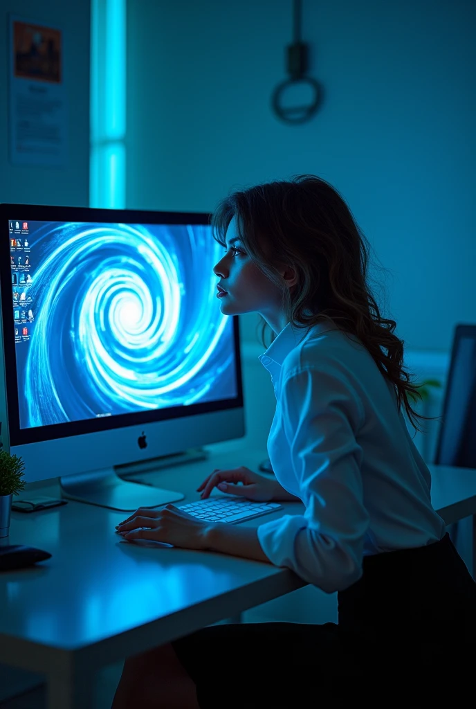 A sexy beautiful girls, white shirt, pencil skirt, work in office and look the screen of computers and her computer screen displayed a hypnotic glowing blue spiral and the woman's eyes appeared blue spirals as she looked at her computer screen and her became very hypnotized while looking at his computer screen and her was deeply hypnotized and his eyes turned into blue spirals then his face got closer to the screen then his face got closer to his screen with his eyes becoming blue spirals then he was very fascinated by the screen then her was so fascinated by the screen that her kissed the computer screen with his eyes turning into blue spirals until her droolled her was crazy about the blue spiral and her stood up from his chair and bent over while looking at his computer screen, the sexy woman's hand was holding the computer screen the (her prostrated himself in front of his computer screen) computer in the middle, sexy women are hypnotized and worship him, This sexy woman's stand up, her kissed the screen, her droolled