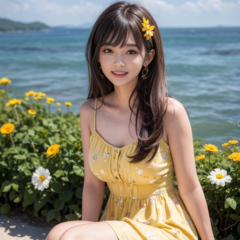 (realistic, photo-realistic:1.37),(8k, RAW photo, best quality, masterpiece:1.2), extremely fine detailed, ultra-detailed, physically-based rendering, ultra high res, kodakvision color, shot on Arricam LT Camera, bokeh, sharp focus, looking at viewer, photorealistic, realistic, solo, photorealistic, best quality, extremely detailed face, extremely detailed eyes and face, beautiful detailed eyes and hair, cuticle, absurdres, incredibly absurdres, floating hair,perfect body, ((yellow tropical pattern sundress, evening light)), walking on beach, turning towards viewer, waves in background, sunset sky