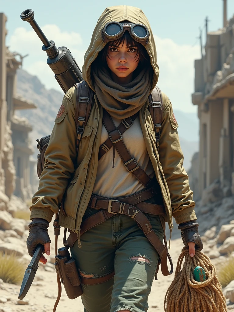 Create scavenger character post-apocalyptic walking in westland, digital painting style, 8k details, female, late s, stern and world-weary, clothing cobbled together from whatever she can find, goggles, perhaps a hood, carrying a bag (trashbag or perhaps rope net) of scavenged items, show makeshift knife on her belt, show beat up looking rifle on her shoulder