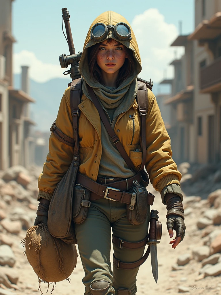 Create scavenger character post-apocalyptic walking in westland, digital painting style, 8k details, female, late teens, stern and world-weary, clothing cobbled together from whatever she can find, goggles, perhaps a hood, carrying a bag (trashbag or perhaps rope net) of scavenged items, show makeshift knife on her belt, show beat up looking rifle on her shoulder