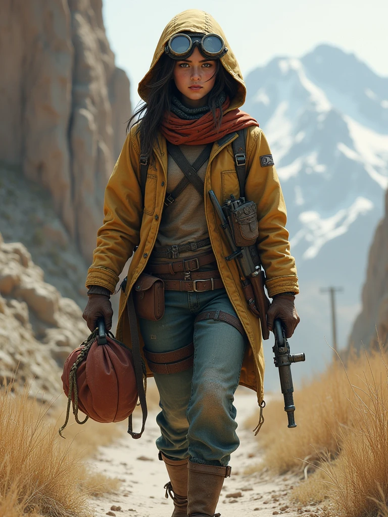 Create scavenger character post-apocalyptic walking in westland, digital painting style, 8k details, female, late teens, stern and world-weary, clothing cobbled together from whatever she can find, goggles, perhaps a hood, carrying a bag (trashbag or perhaps rope net) of scavenged items, show makeshift knife on her belt, show beat up looking rifle on her shoulder