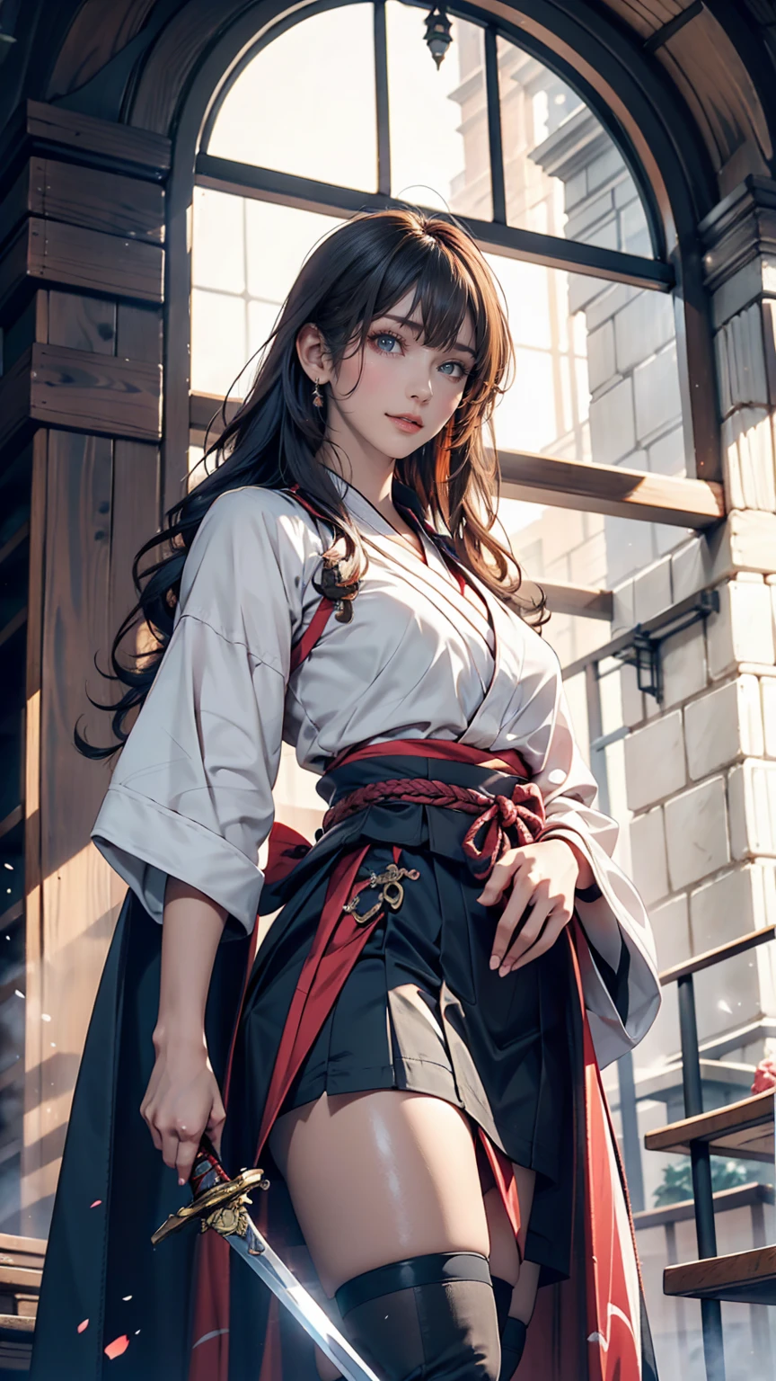 Japanese anime style. woman. middle ages. Europe. Fantasy. skirt. sword. Are standing. whole body. From below.