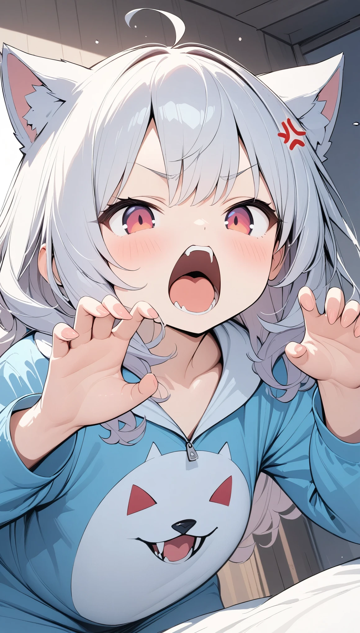 anime、Highest quality、Highest quality、Ultra-detailed、(masterpiece:1.2),Very absurd、4K,8k,Shortcuts、Curly hair、(Red Eyes:0.8)、Slanted Eyes、anger vein,A girl wearing a wolf costume pajamas、cute、Beast Pose、Open your mouth wide,(bites),Bedroom