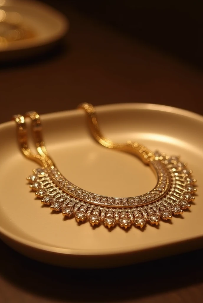 A Gold within it small pieces of Diamonds, Nicklace. On a tray