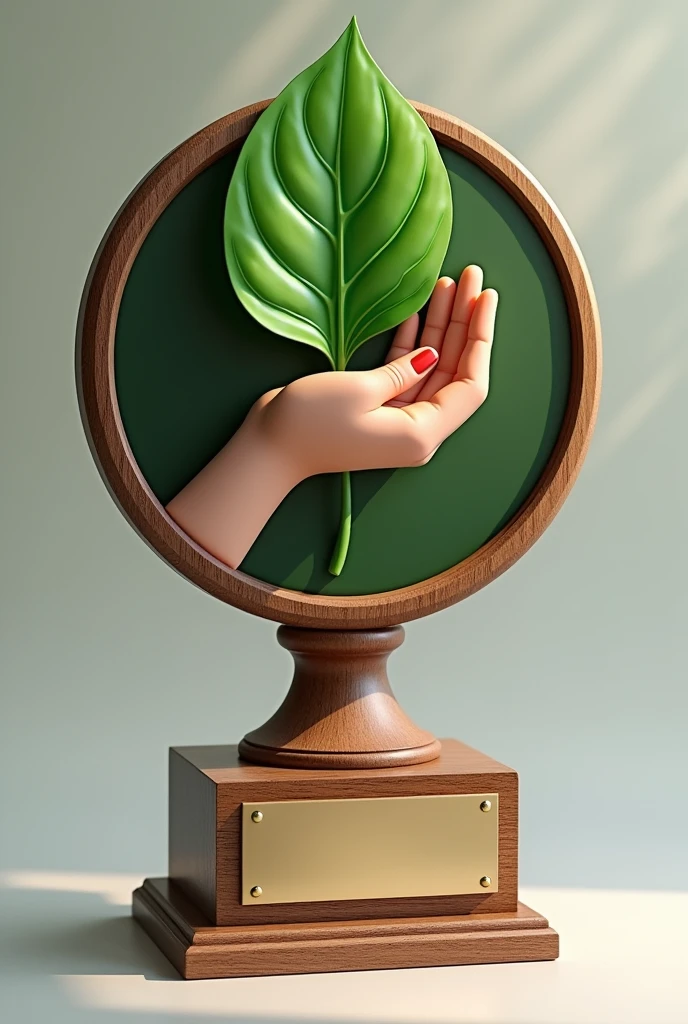  Descrição do Troféu Integrado com Realismo e Melhor Disposição das Monthly Plates:

1. Trophy Base:
   - Material: High quality wood, with polished finish, giving a classic and elegant look.
   - Format: Rectangular or square base, robusta, and designed to accommodate the monthly plaques and the annual champion plaque.
   - Detail: Includes a metal front plate for engraving the name of the annual champion, which will be the main highlight at the base.

2. Main Body:
   - Format: circle, similar to the look of the first example.
   - Central Image:
     - Style: realisitic, maintaining a natural and refined appearance.
     -Description da Imagem: The hand holding the green leaf must be represented realistically., with soft details that highlight the natural beauty of the leaf and the softness of the hand, but without exaggeration. The green leaf should be the focus, representing growth and sustainability, while the hand should feel welcoming and strong.
   - Cores: Use natural tones for your hands (like realistic skin tones) and a vibrant green for the leaf.
   -Position da Imagem: Centered on the main circle, with the leaf raised prominently.

3. Monthly Plates:
   -Position: Small metal plates distributed around the main circle or at the base, as needed.
   - Format: Rectangular or in shapes that fit the design of the trophy. The plates must be discreet, but sufficiently prominent to allow easy reading of the names of the winning teams each month.
   - Detail: Each plaque must contain the name of the winning team for each month., gravado em um estilo de fonte Simpler e elegante.

4. Annual Champion Plaque:
   -Location: Centered on the front of the wooden base.
   -Description: A larger metal plaque that highlights the name of the year&#39;s winning team, with a classic style and engraved with attention to detail.
   - Style: Plate in gold or silver finish, Simpler, but sophisticated.

5. Logo da Biota Innovations:
   - Local