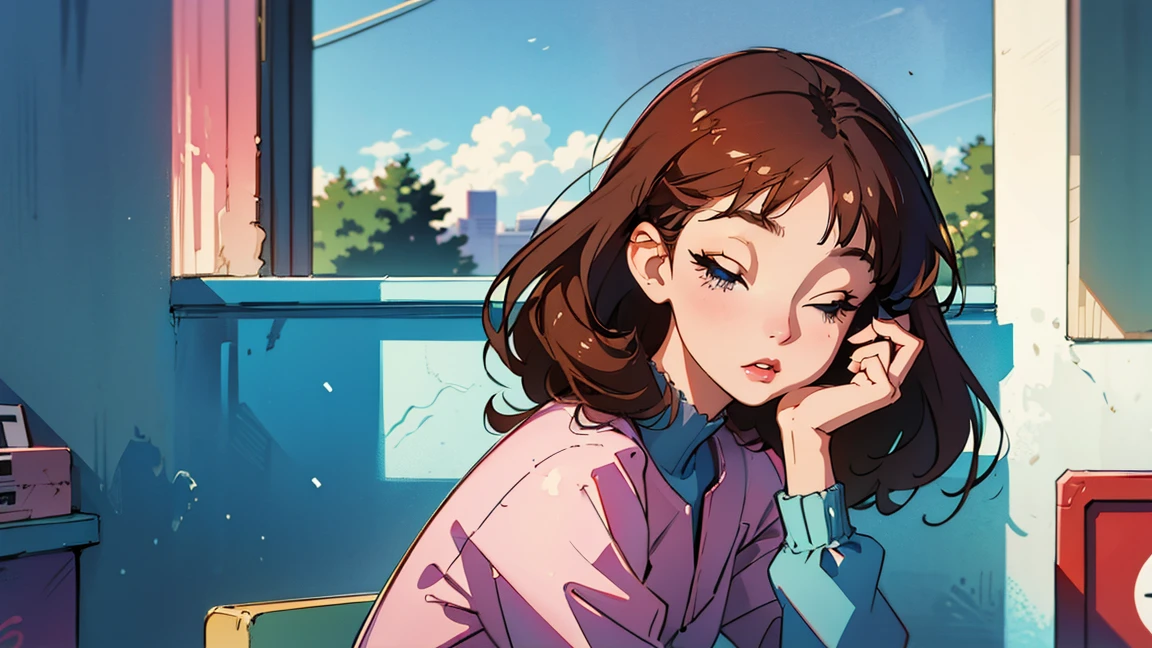 highest quality, masterpiece), 1 Girl, 1980s \(style\)Beautiful expression,Eyes closed, The moment I woke up from a nap,\(style\)Upper Body,pin up , \(style\)short cropped bangs,\(style\), Sitting,\(style\), citypop, lofi,\(style\),1980s fashion,casual,1980s fashion, \(style\)sunset,sunset,