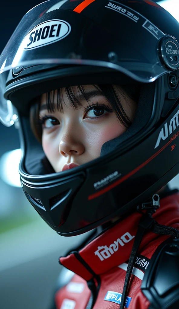 (very beautiful Japanese high school girl), professional motorcycle racer, about to Ride on a racing motorcycle, at circuit at night, dramatic scene, masterpiece, (face focus:1.3), clear helmet visor, beautiful eyes, Honda CBR1000RR, Shoei helmet, (wearing motorcycle racer's outfits)