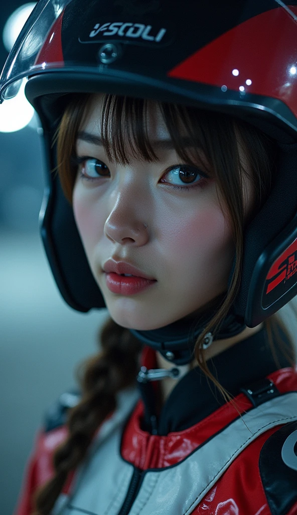 (very beautiful Japanese high school girl), professional motorcycle racer, about to Ride on a racing motorcycle, at circuit at night, dramatic scene, masterpiece, (face focus:1.3), clear helmet visor, beautiful eyes, Honda CBR1000RR, Shoei helmet, (wearing motorcycle racer's outfits)