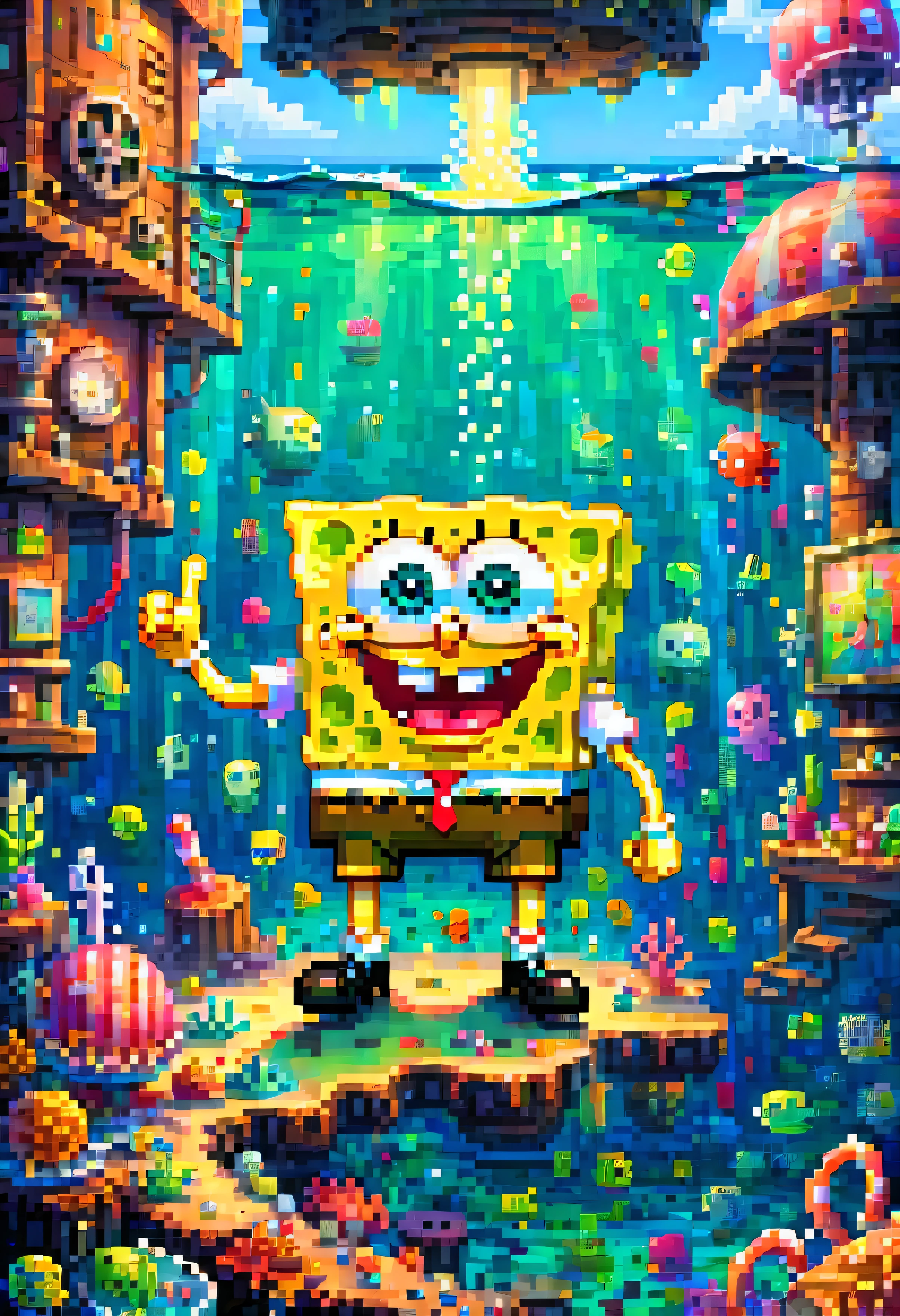 pixel art, "SpongeBob SquarePants", fantasy, (best quality, masterpiece, Representative work, official art, Professional, high details, Ultra intricate detailed:1.3)