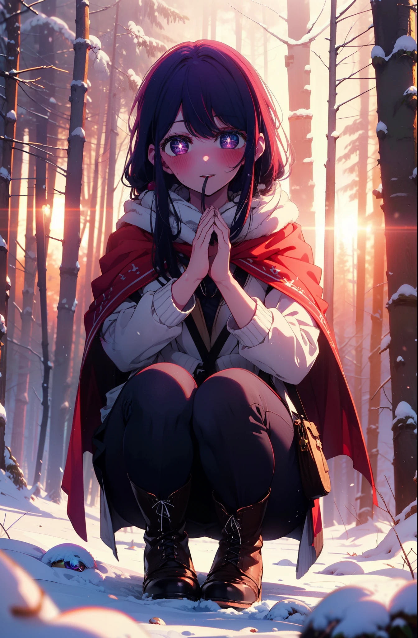 aihoshino, Ai Hoshino, Long Hair, bangs, (Purple eyes:1.1), Purple Hair, (Symbol-shaped pupil:1.5), smile,,smile,blush,white breath,
Open your mouth,snow,Ground bonfire, Outdoor, boots, snowing, From the side, wood, suitcase, Cape, Blurred, , forest, White handbag, nature,  Squat, Mouth closed, Cape, winter, Written boundary depth, Black shoes, red Cape break looking at viewer, Upper Body, whole body, break Outdoor, forest, nature, break (masterpiece:1.2), Highest quality, High resolution, unity 8k wallpaper, (shape:0.8), (Beautiful and beautiful eyes:1.6), Highly detailed face, Perfect lighting, Extremely detailed CG, (Perfect hands, Perfect Anatomy),