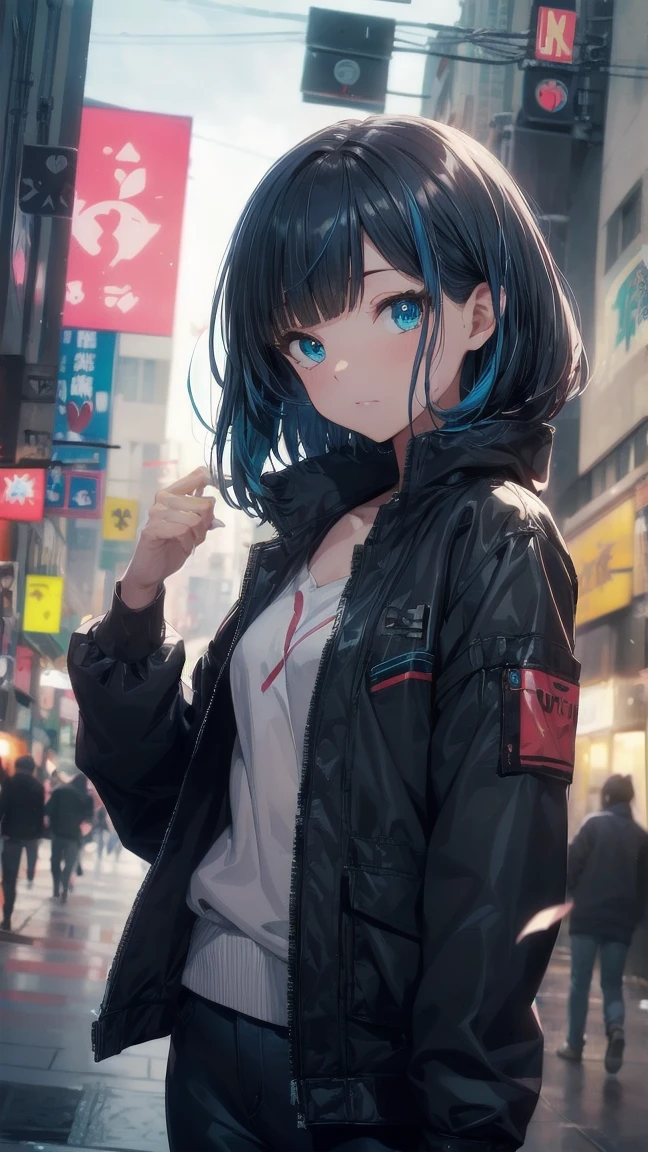 Anime character with gun and black jacket, artwork in the style of Gwaiz, Anime Style 4k yen, Gwaiz, Anime Style. 8k, Gwaiz on artstation pixiv, Gwaiz on pixiv artstation, Ilya Kuvshinov. 4k yen, 4k anime wallpaper, Cyberpunk anime, High quality anime art style, Jinx Face, Wolf Cut, short hair, hot pants, Small breasts, ((Black Hair, Inner bright blue hair:1.4)), Pitch Resuit, rubber ,Nipples, tits, R18, Nipple piercing, Slanted Eyes, Ahegao